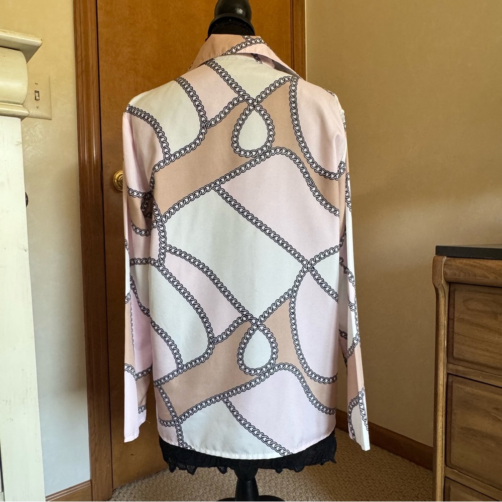 Vintage Beige White Pink Black Cotton Chain Pattern Tailored Blouse XL - Picture 5 of 11